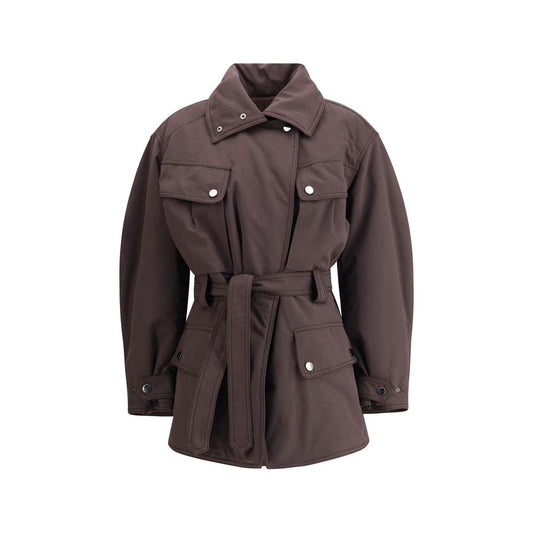 The Andamane Purple Polyester Coat with high collar and knotted belt