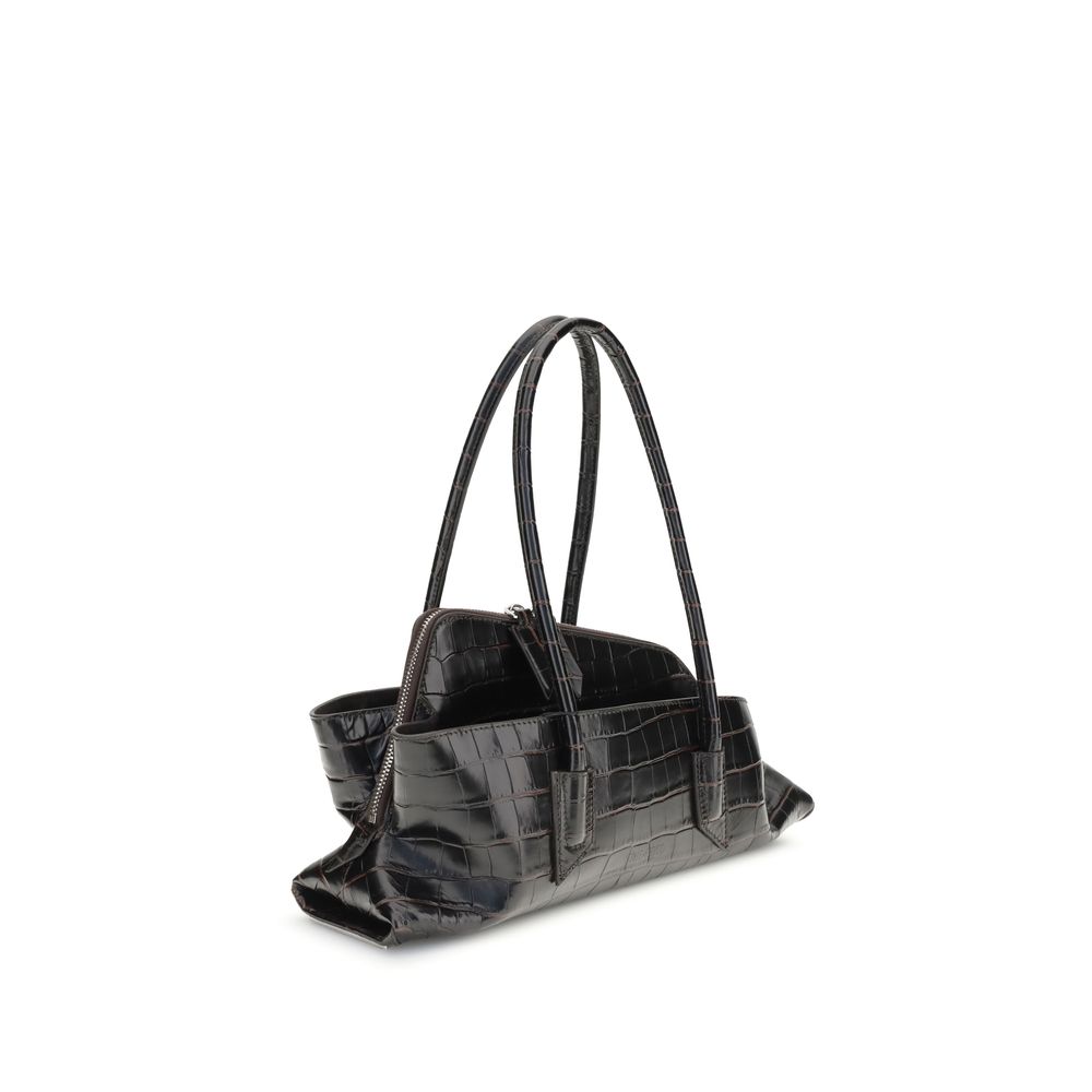 The Attico Black Calf Leather Bos Taurus Shoulder Bag with croc-print and tubular handles, SS26 collection, 37x37x11 dimensions.