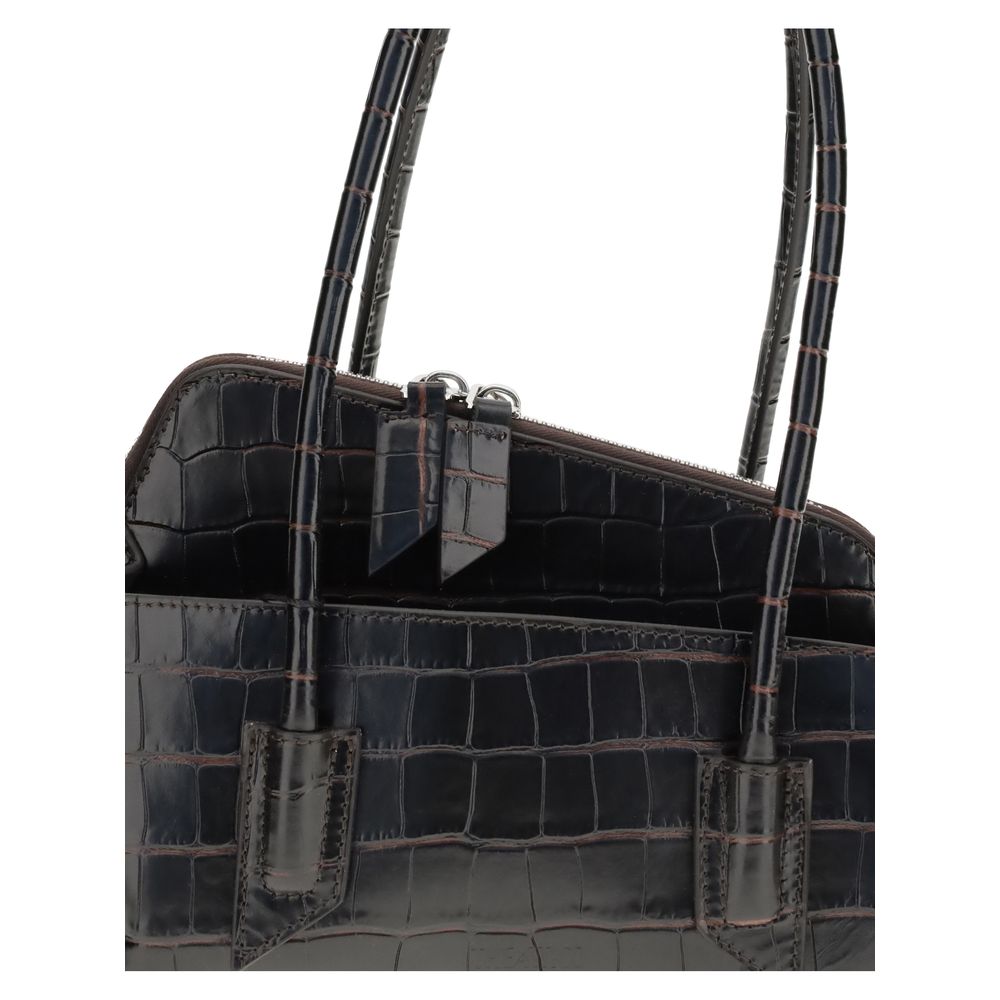 Close-up of The Attico Black Calf Leather Bos Taurus Shoulder Bag with croc-print and tubular handles.