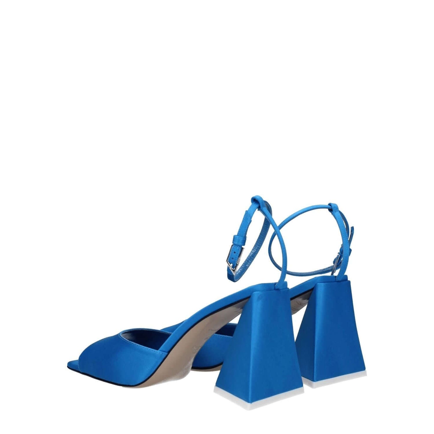 The Attico Blue Satin Stiletto Heel Sandals with buckle closure and open toe, featuring a mid heel in striking blue and turquoise.
