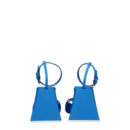 Back view of The Attico Blue Satin Stiletto Heel Sandals with buckle closure and mid heels.