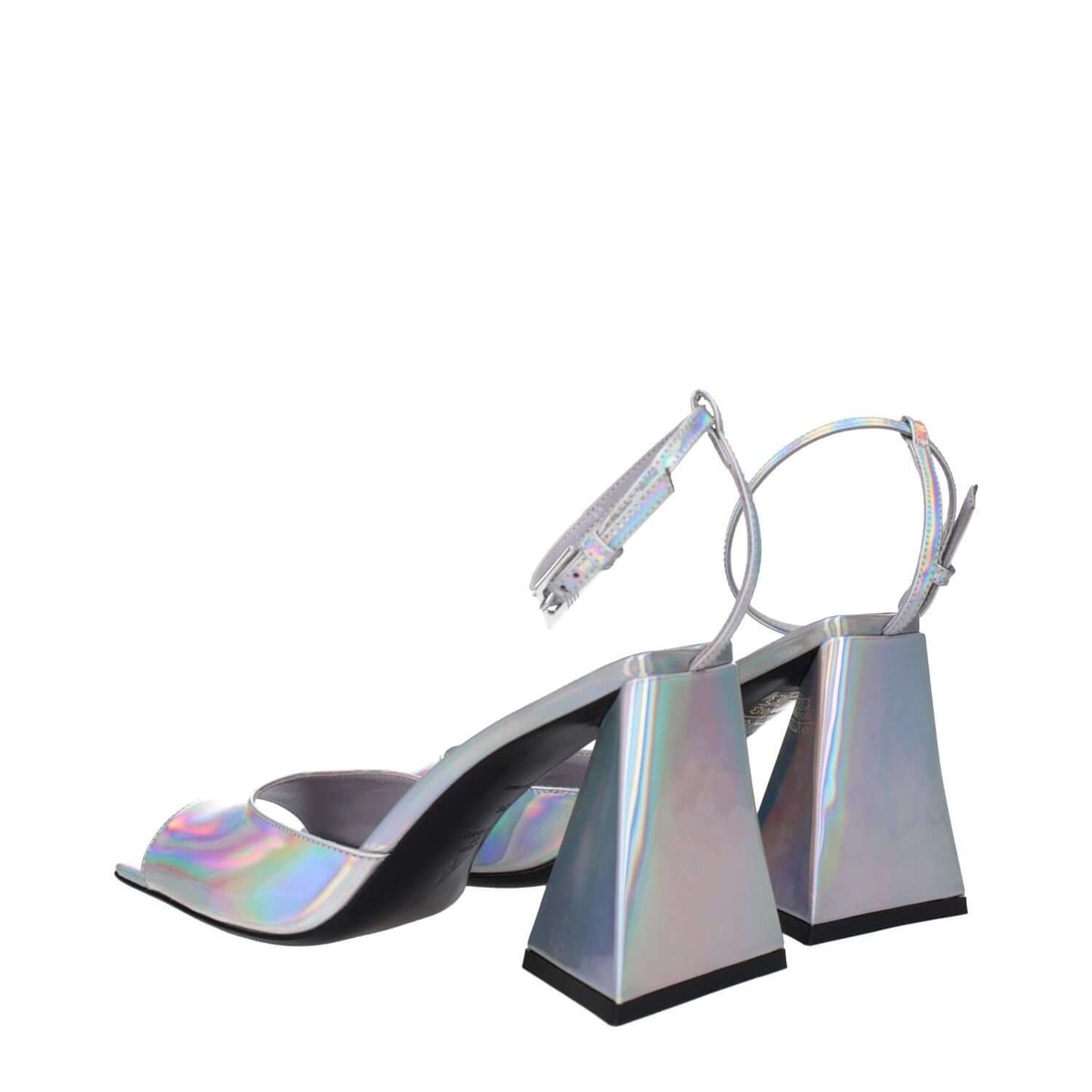The Attico Gray Leather Platform Sandals with silver eco leather, open toe, buckle closure, rubber sole, and 8.5 cm high heel.