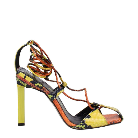 The Attico Orange Leather Stiletto Heel Sandals with snake print, self-tie closure, and vintage effect. High heel and open toe design.