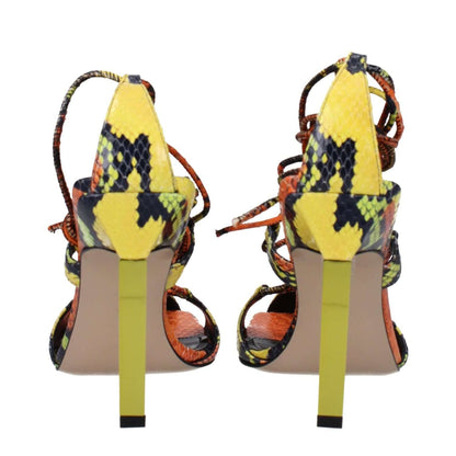 The Attico Orange Leather Stiletto Heel Sandals with snake print, open toe, and self-tie closure, 11 cm high heel in yellow accents