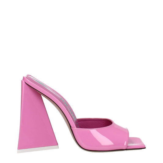 The Attico Pink Leather Platform Sandals with high heel and open toe design, made of patent pink leather, side view.
