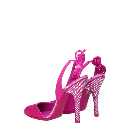 The Attico Pink Satin Stiletto Heel Sandals with rhinestone details, self-tie closure, and round toe design.