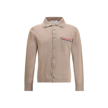 Thom Browne Beige Fleece Wool Cardigan with ribbed collar and tricolor pocket detail, perfect for AW25 elegance.
