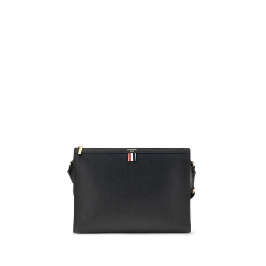 Thom Browne Black Calf Leather Bos Taurus Clutch Bag with tricolor detail and adjustable strap, front view of stylish AW25 collection.