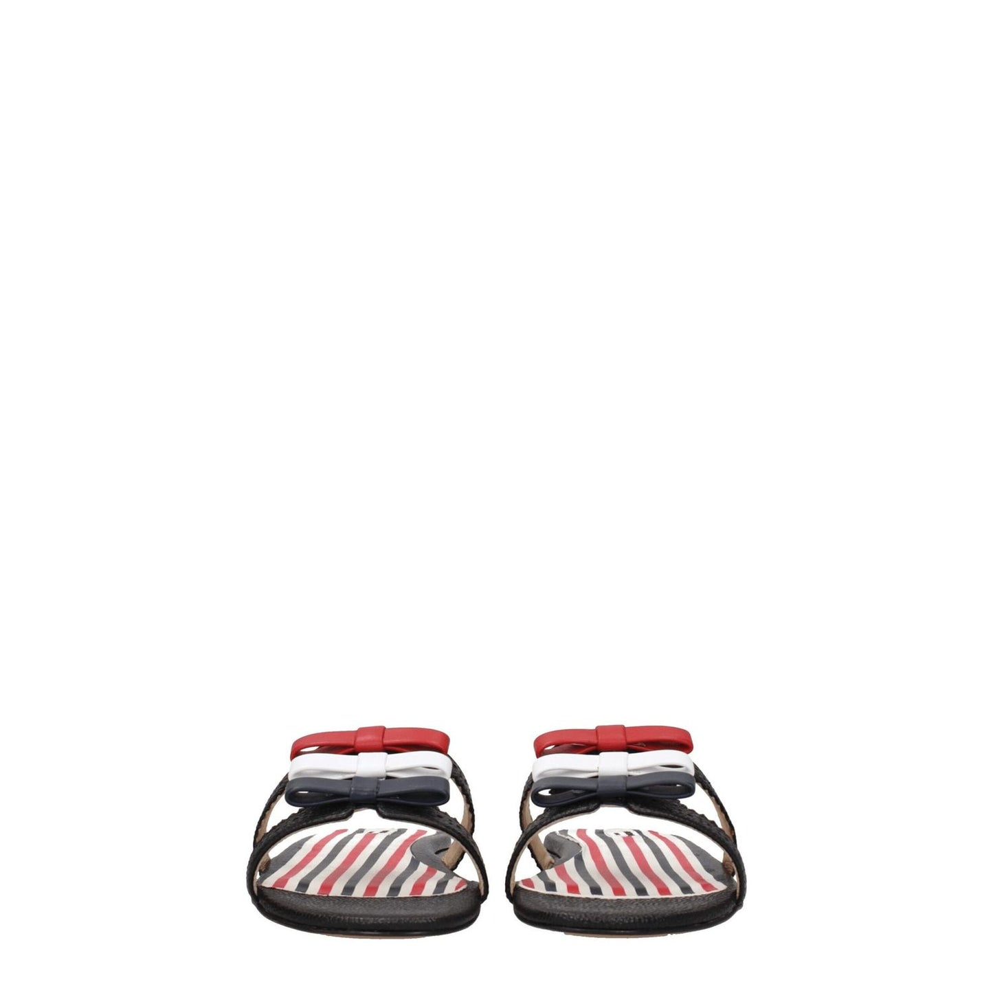 Thom Browne Black Leather Slippers Sandals with open toe and low flat heel, featuring distinctive front detail.