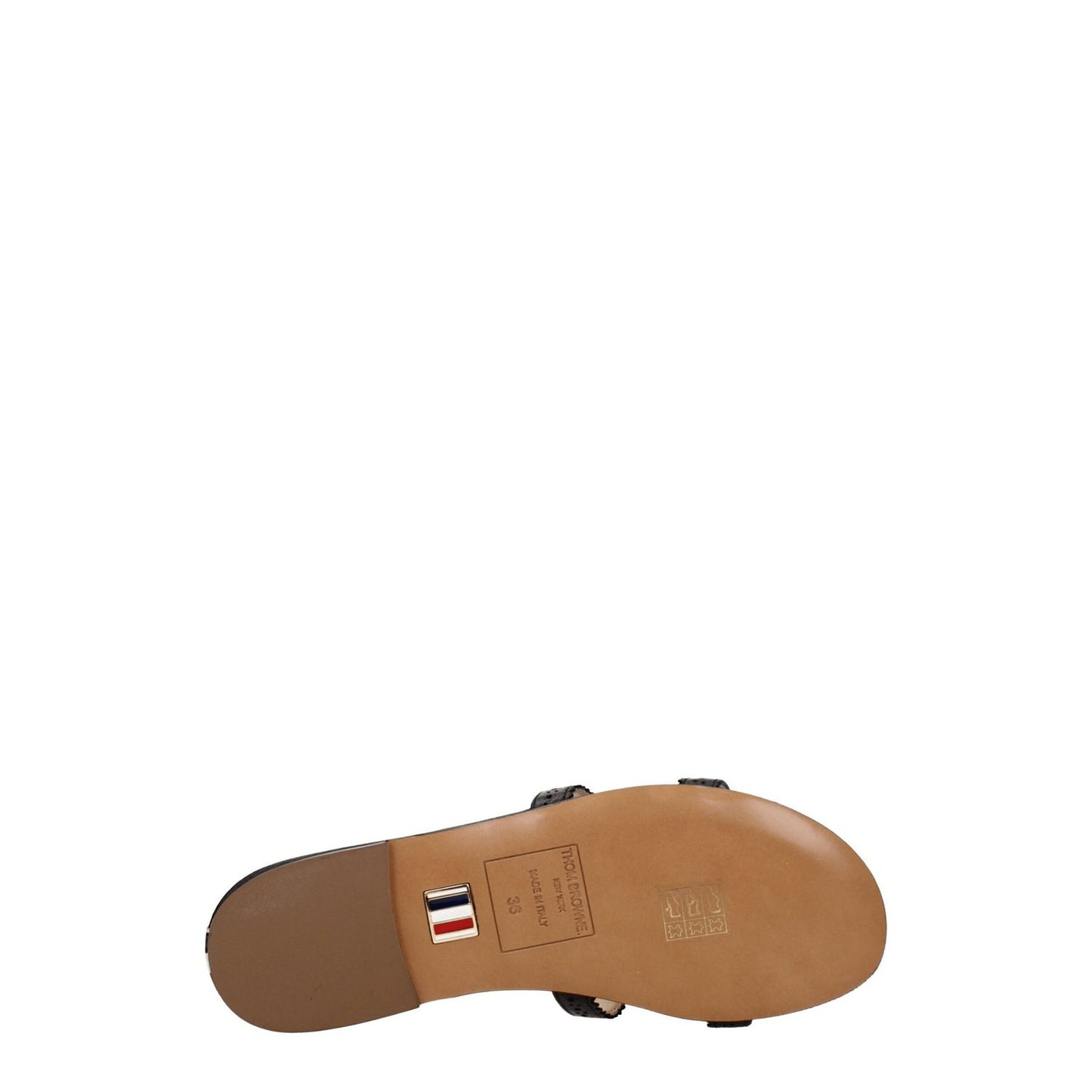 Sole view of Thom Browne Black Leather Slippers Sandals with open toe and low, flat heel style.