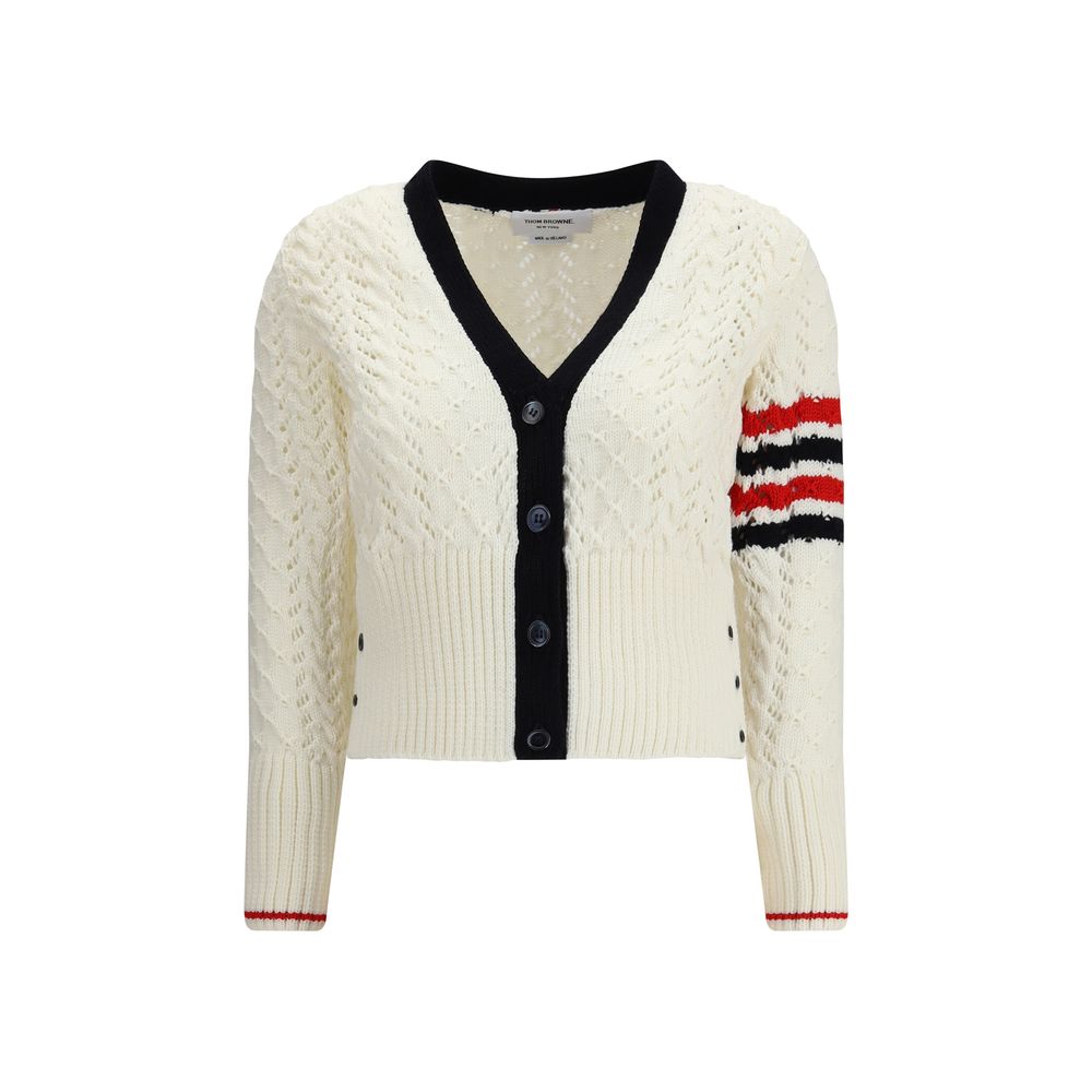 Alt Tag: Thom Browne White Fleece Wool Cardigan with V-neck and signature stripe accents