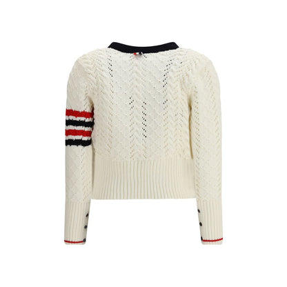 Back view of Thom Browne White Fleece Wool Cardigan with signature stripe and textured knit pattern.