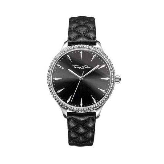 Thomas Sabo Black Leather Dress Watch with stainless steel case, black dial, and quartz mechanism.
