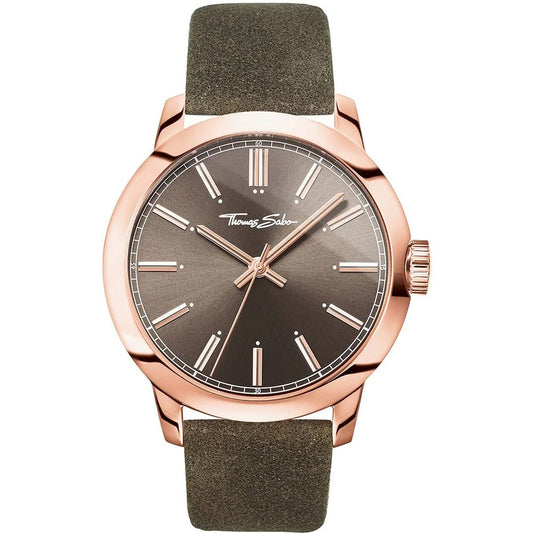 Thomas Sabo Green Leather Dress Watch with brown dial, pink stainless steel case, and green leather strap.