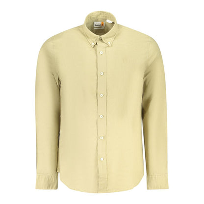 Timberland Beige Cotton Men Shirt with button-down collar and slim fit, showcasing subtle embroidery and the iconic Timberland logo.