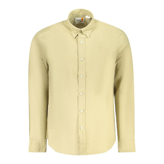 Timberland Beige Cotton Men Shirt with button-down collar, slim fit, and subtle embroidery, showcasing elegant casual style.