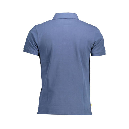 Back view of Timberland Blue Cotton Men Polo Shirt, slim fit, short sleeves, with iconic logo embroidery for smart-casual style.