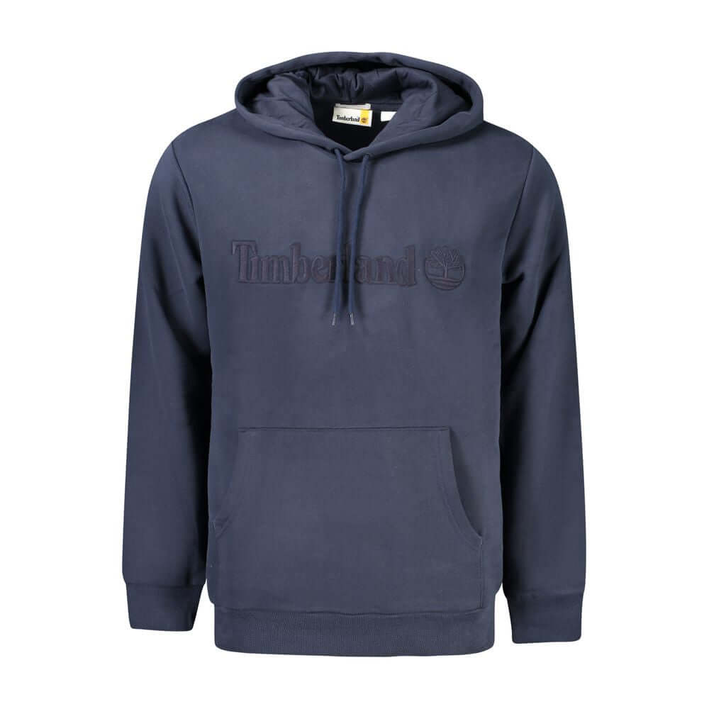 Timberland Blue Cotton Men Sweater with embroidered logo and central pocket, stylish hooded sweatshirt for modern trailblazers.