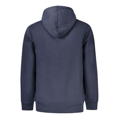 Back view of Timberland Blue Cotton Men Sweater with hood and ribbed cuffs, showcasing casual style in cotton and polyester blend.