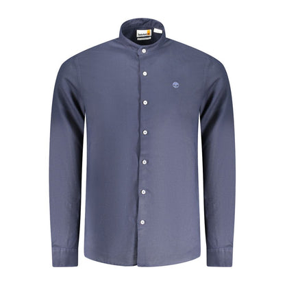 Timberland Blue Cotton Shirt, slim fit, mandarin collar, long sleeves, button-up, embroidery logo design.