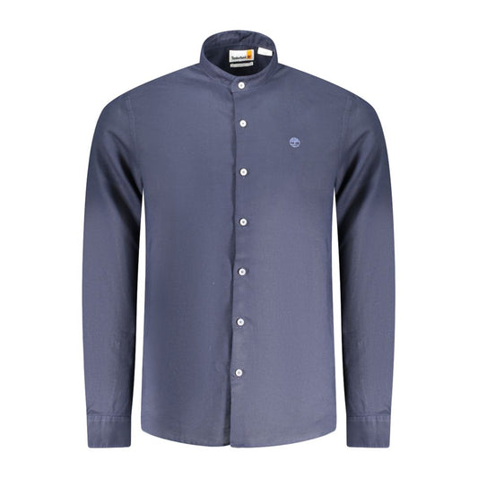 Timberland Blue Cotton Shirt, long sleeve, slim fit, mandarin collar with embroidery and buttons, featuring logo.