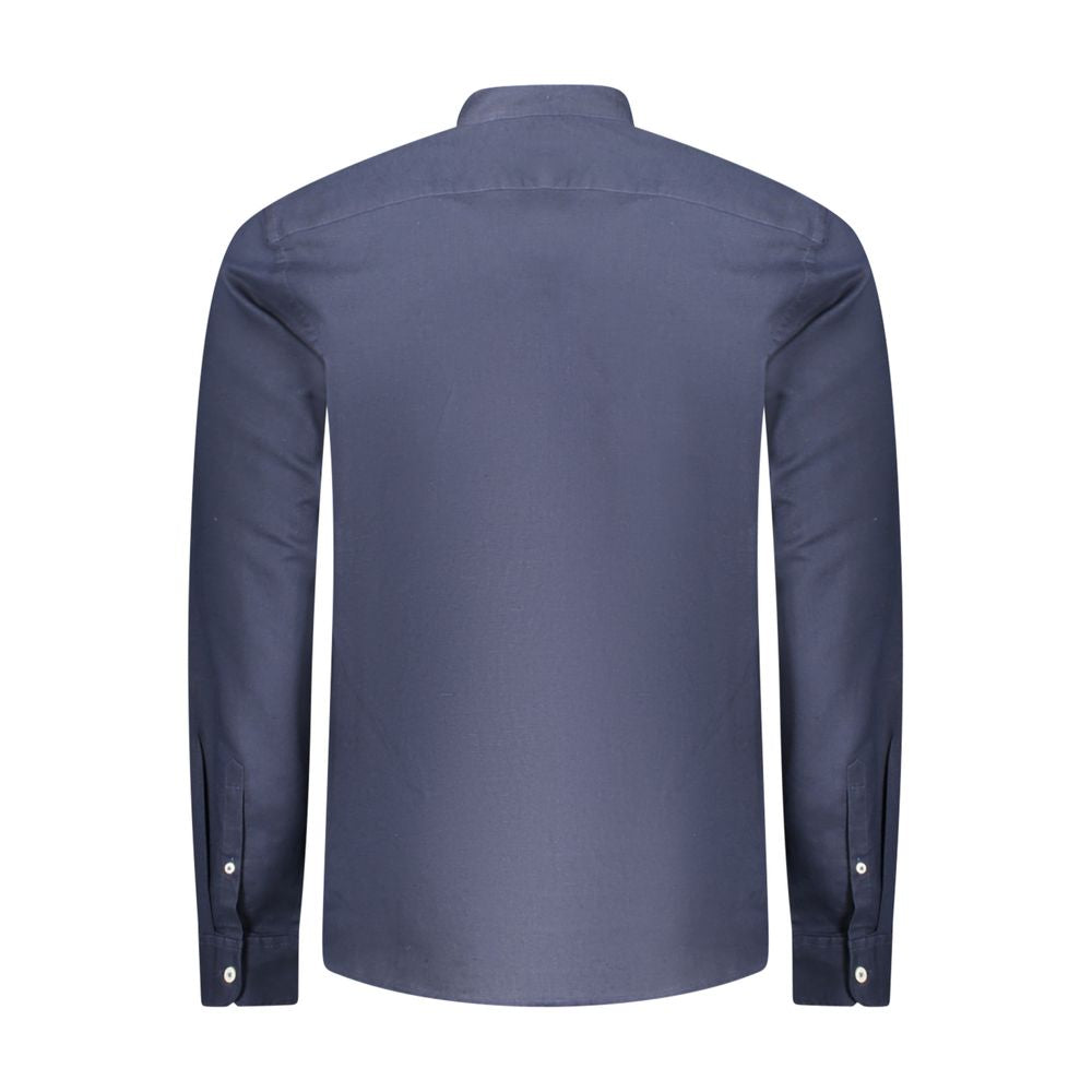 Back view of Timberland Blue Cotton Shirt, slim fit with long sleeves, mandarin collar, and logo embroidery.