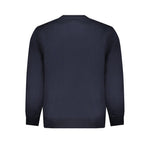 Back view of Timberland Blue Cotton Sweater, long-sleeved crew neck made from 100% organic cotton, featuring a subtle logo.