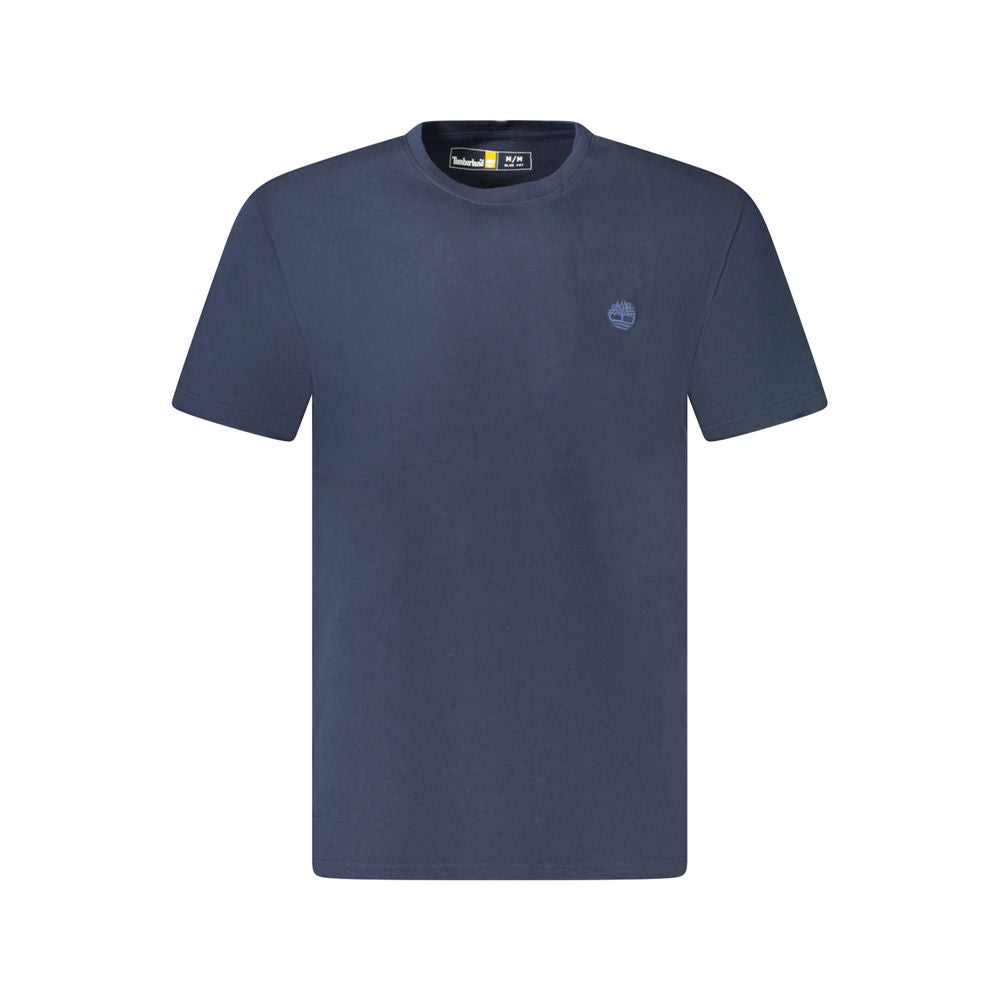 Timberland Blue Cotton T-Shirt featuring short sleeves, slim fit, crew neck, and embroidered logo.