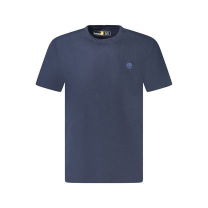Timberland Blue Cotton T-Shirt featuring short sleeves, slim fit, crew neck, and embroidered logo.