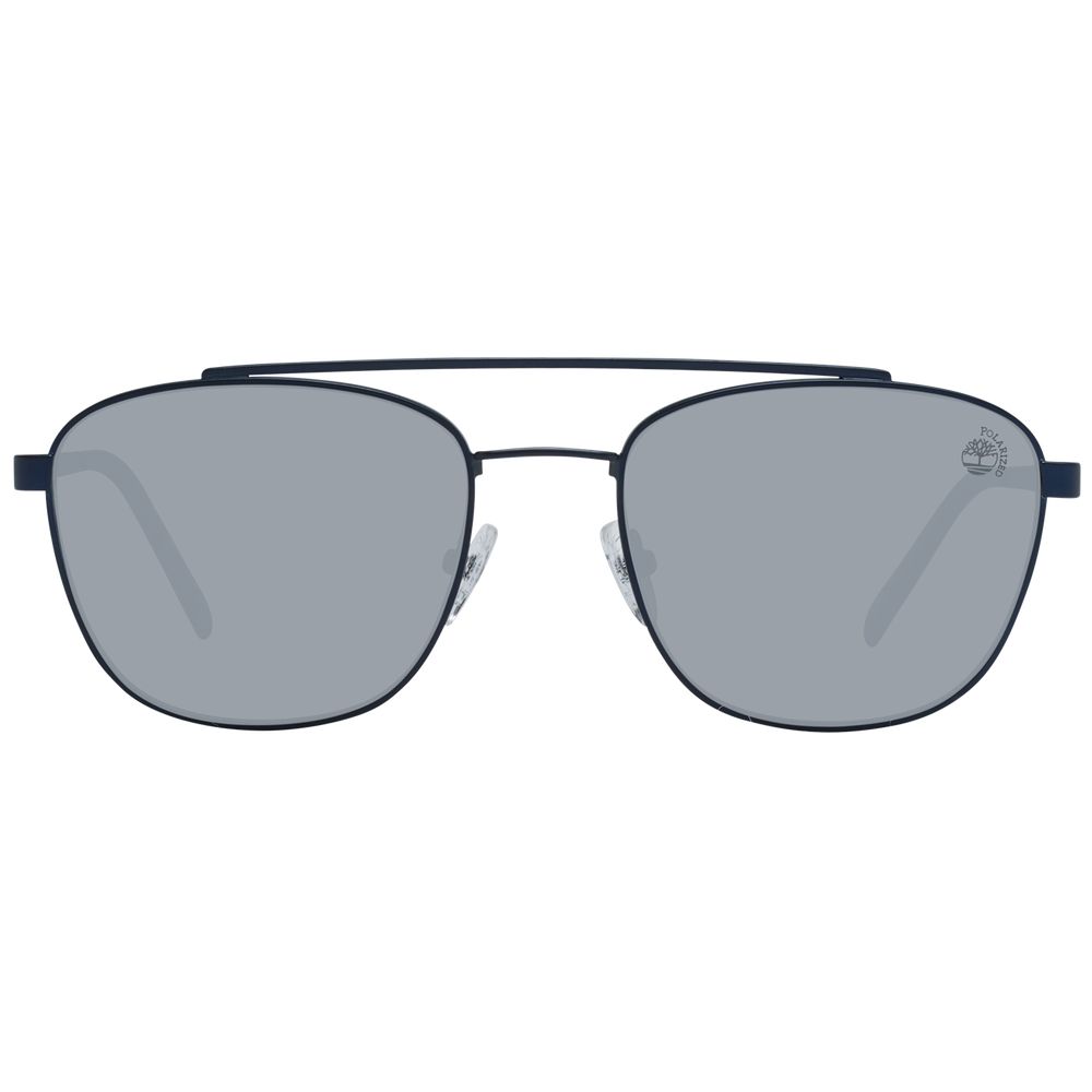 Front view of Timberland Blue Men Sunglass with blue metal full-rim aviator frame and grey polarized mirrored lenses, includes branded case.