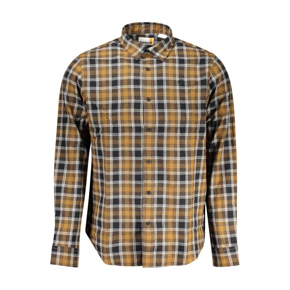 Timberland Brown Cotton Shirt, tartan long sleeve with Italian collar and button cuffs.