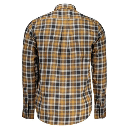 Timberland Brown Cotton Shirt with tartan pattern, long sleeves, Italian collar, and logo embroidery, back view.