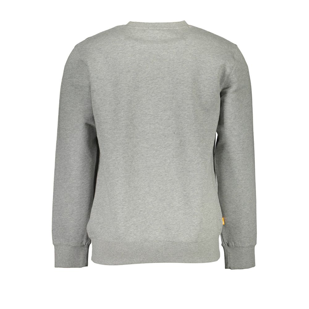 Back view of Timberland Gray Cotton Men Sweater showcasing crew neck design and long sleeves, made with organic materials.