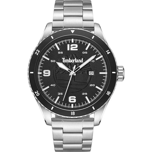 Timberland Gray Stainless Steel Dress Watch with black dial, analog display, and mineral glass on stainless steel bracelet.