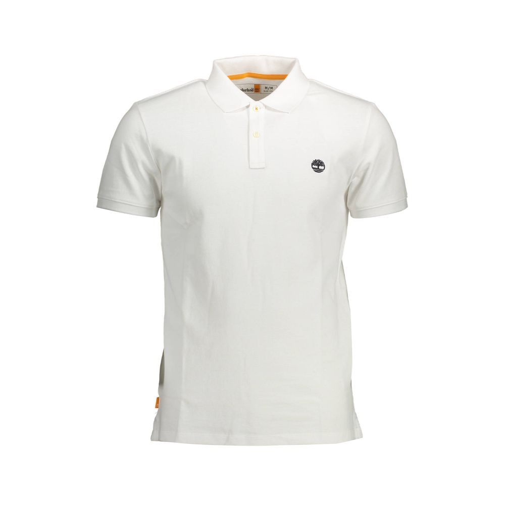 Timberland White Cotton Men Polo Shirt with embroidered logo, slim fit design, short sleeves, and two-button placket.