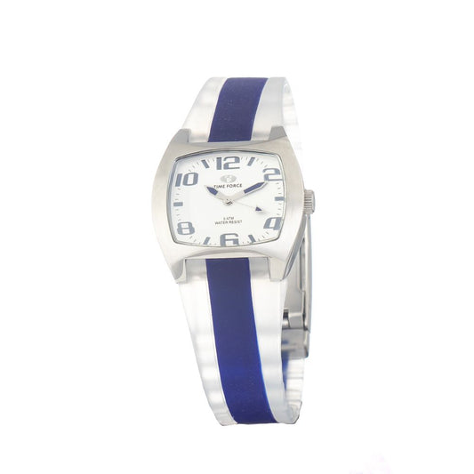 Time Force Blue Rubber Sport Watch with silver steel case, white dial, and quartz mechanism, featuring blue rubber bracelet and mineral glass.