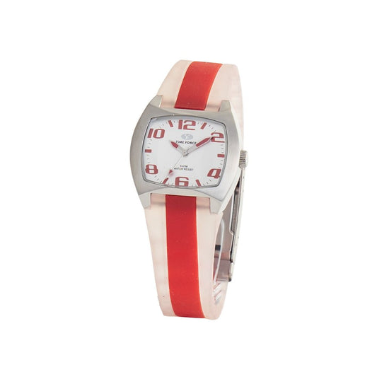 Time Force Red Rubber Sport Watch with silver steel case, white dial, red rubber bracelet, and quartz analog display.