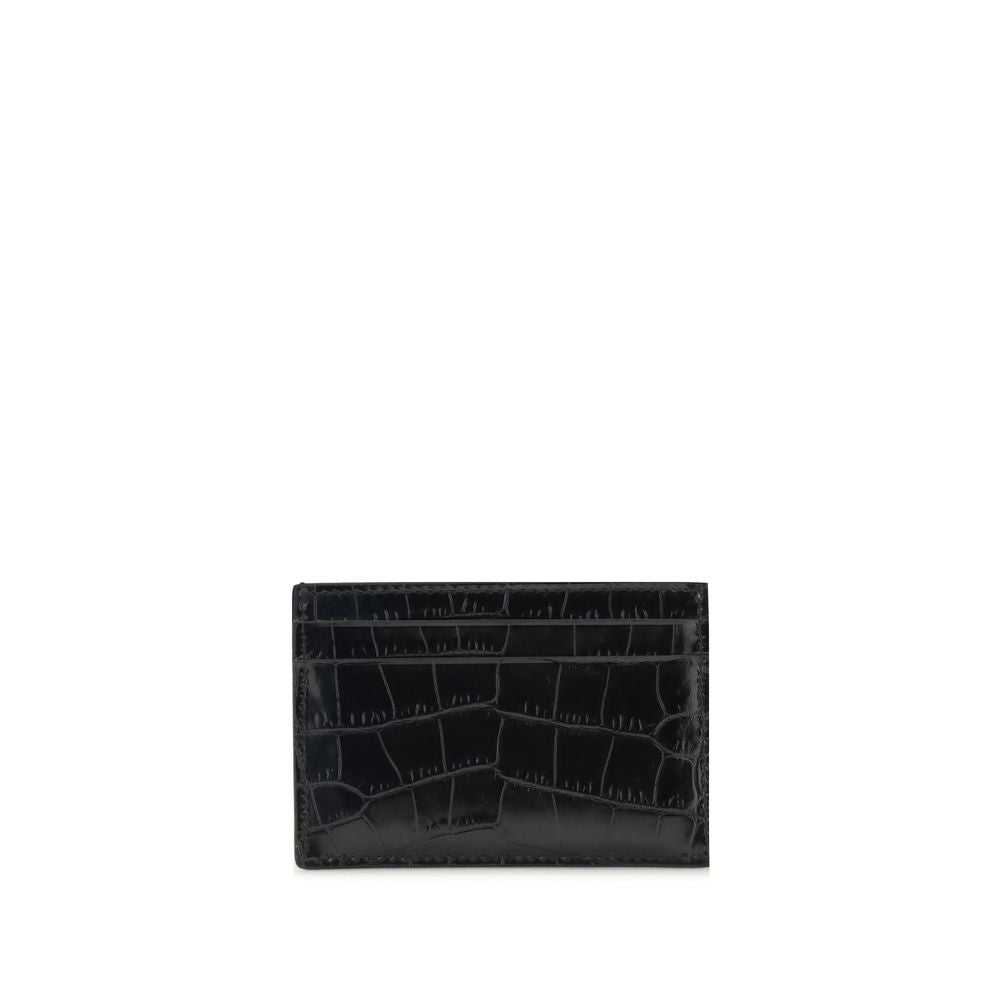 Tom Ford Black Leather Wallet with croco print, featuring three card slots and gold logo detail.