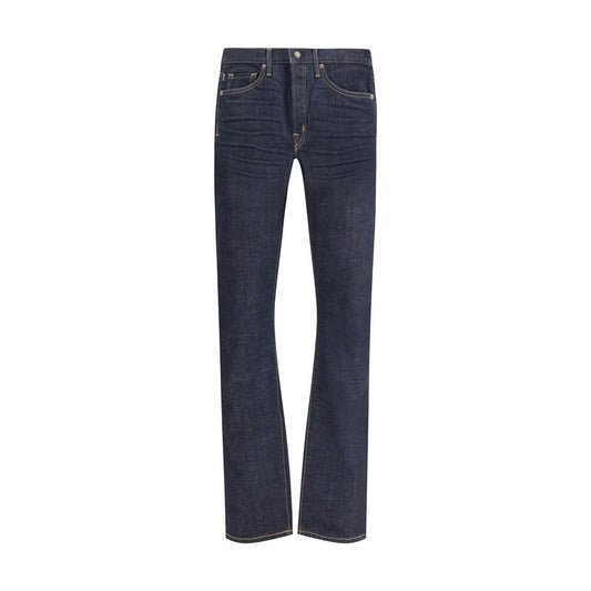 Alt Tag: Tom Ford Blue Cotton Straight-Leg Jeans with button closure and 5-pocket design for a timeless, elegant look.