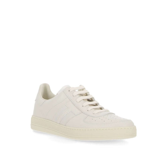 Tom Ford Leather Logo Sneakers with rubber sole and round toe, featuring back logo and perforated detail, men’s footwear, made in Italy.