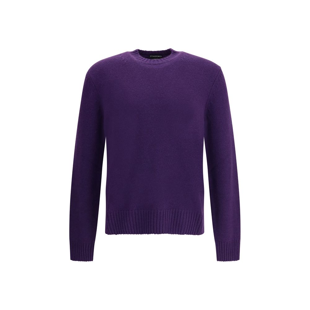 Tom Ford Purple Cashmere Cashmere Sweater with ribbed crew neck and cuffs, featuring 70% Kashmir and 30% silk blend.