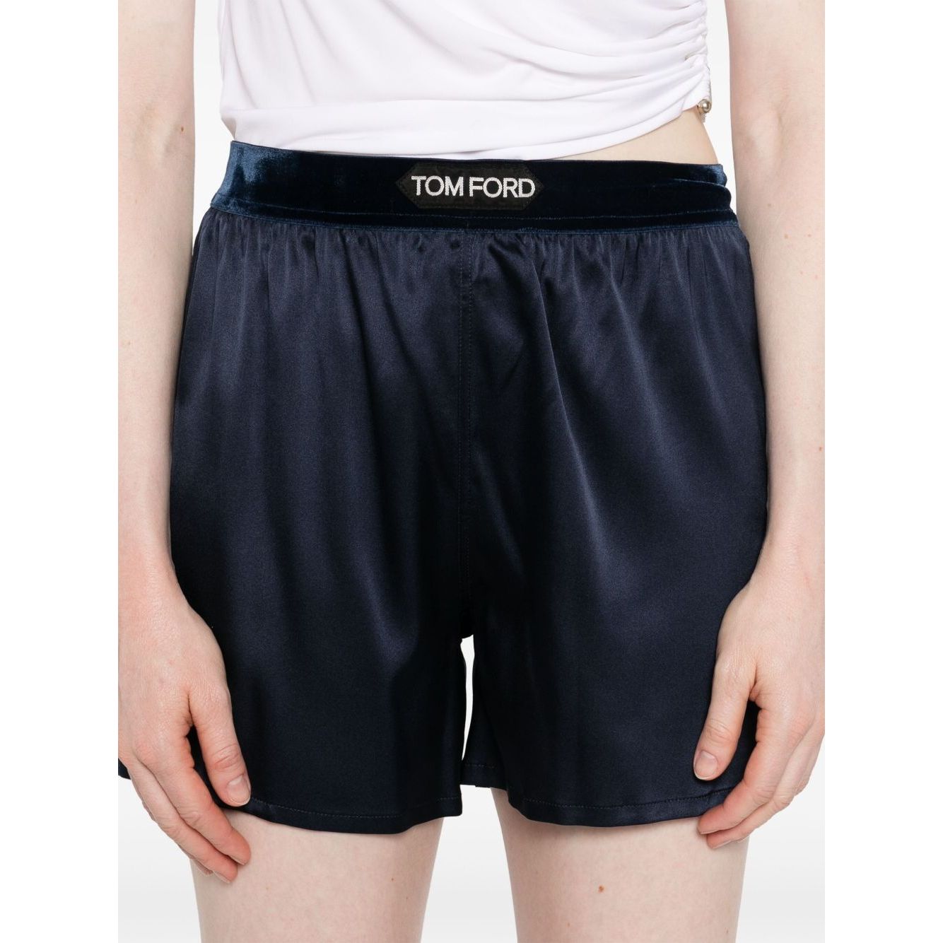 Tom Ford Shorts Blue with elasticated logo waistband in navy blue silk