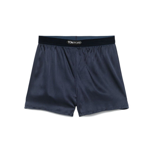Tom Ford Shorts Blue, navy silk shorts with logo and elasticated waistband, true to size.