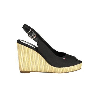 Tommy Hilfiger Black Cotton Women Sandal with 11cm wedge, distinctive details, and logo embroidery for chic style.