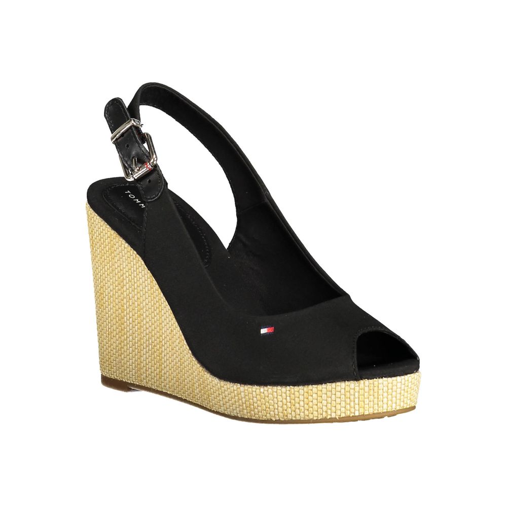 Tommy Hilfiger Black Cotton Women Sandal with wedge heel, buckle closure, and contrasting details for chic style and comfort.