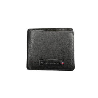 Tommy Hilfiger Black Leather Men Wallet with coin purse and card slots, featuring sleek design and contrasting details
