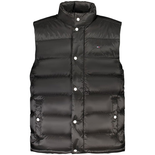 Tommy Hilfiger Black Nylon Men Jacket with logo, sleeveless design, and eco-friendly recycled material. Front view with buttons and pockets.