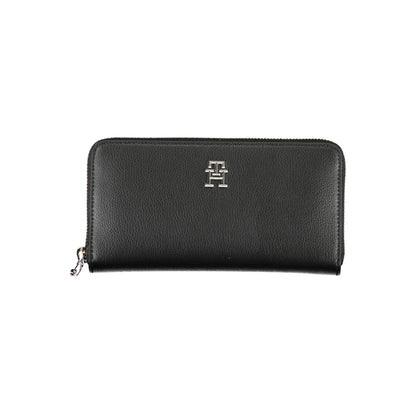 Tommy Hilfiger Black Polyester Wallet with logo, zip closure, 5 compartments, coin purse, and double card spaces.