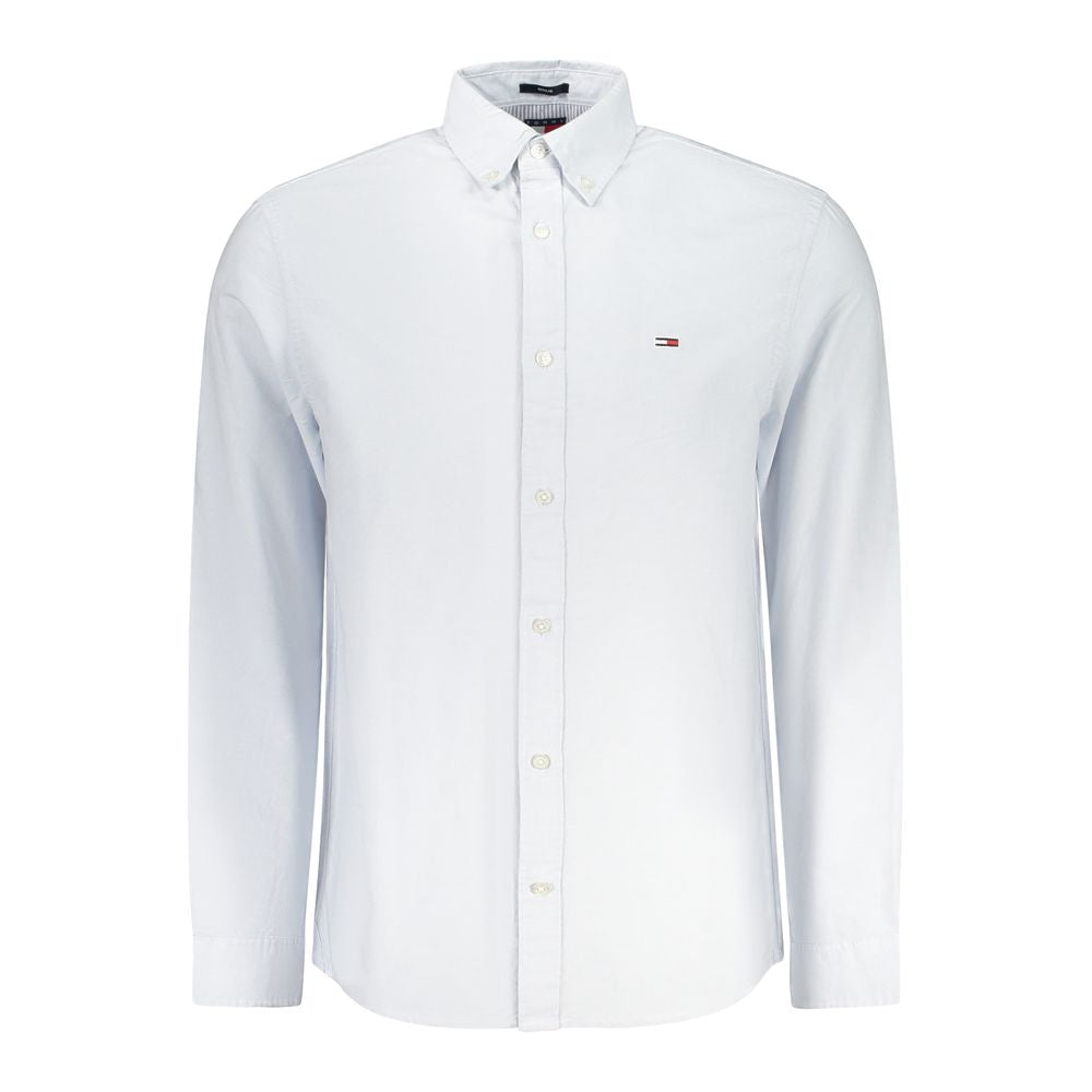 Tommy Hilfiger Blue Cotton Men Shirt - Long sleeve, button-down collar, featuring iconic embroidery, crafted from regenerative cotton.