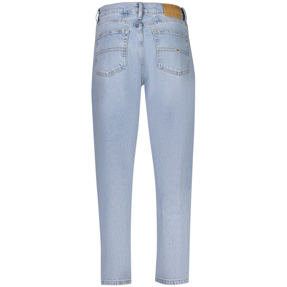 Back view of Tommy Hilfiger Blue Cotton Women Jeans in striking light blue with high-rise, sustainable materials and brand embroidery.